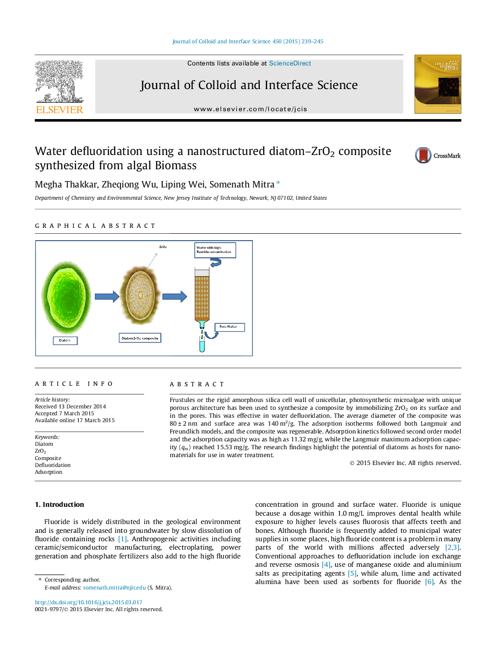 Water defluoridation using a nanostructured diatom-ZrO2 composite synthesized from algal Biomass