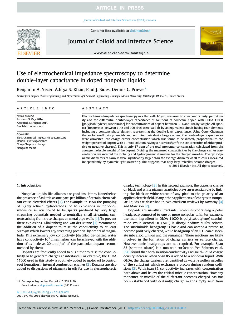 Use of electrochemical impedance spectroscopy to determine double-layer capacitance in doped nonpolar liquids