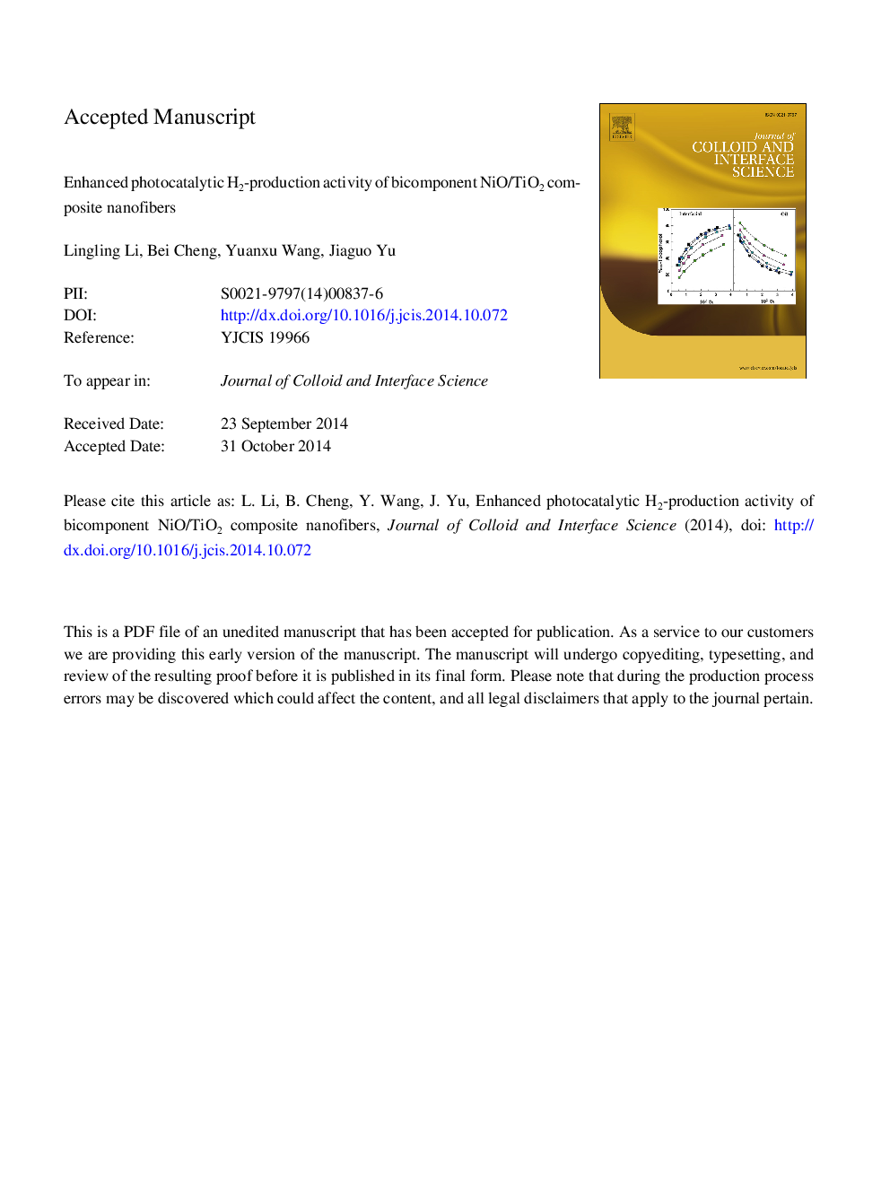 Enhanced photocatalytic H2-production activity of bicomponent NiO/TiO2 composite nanofibers