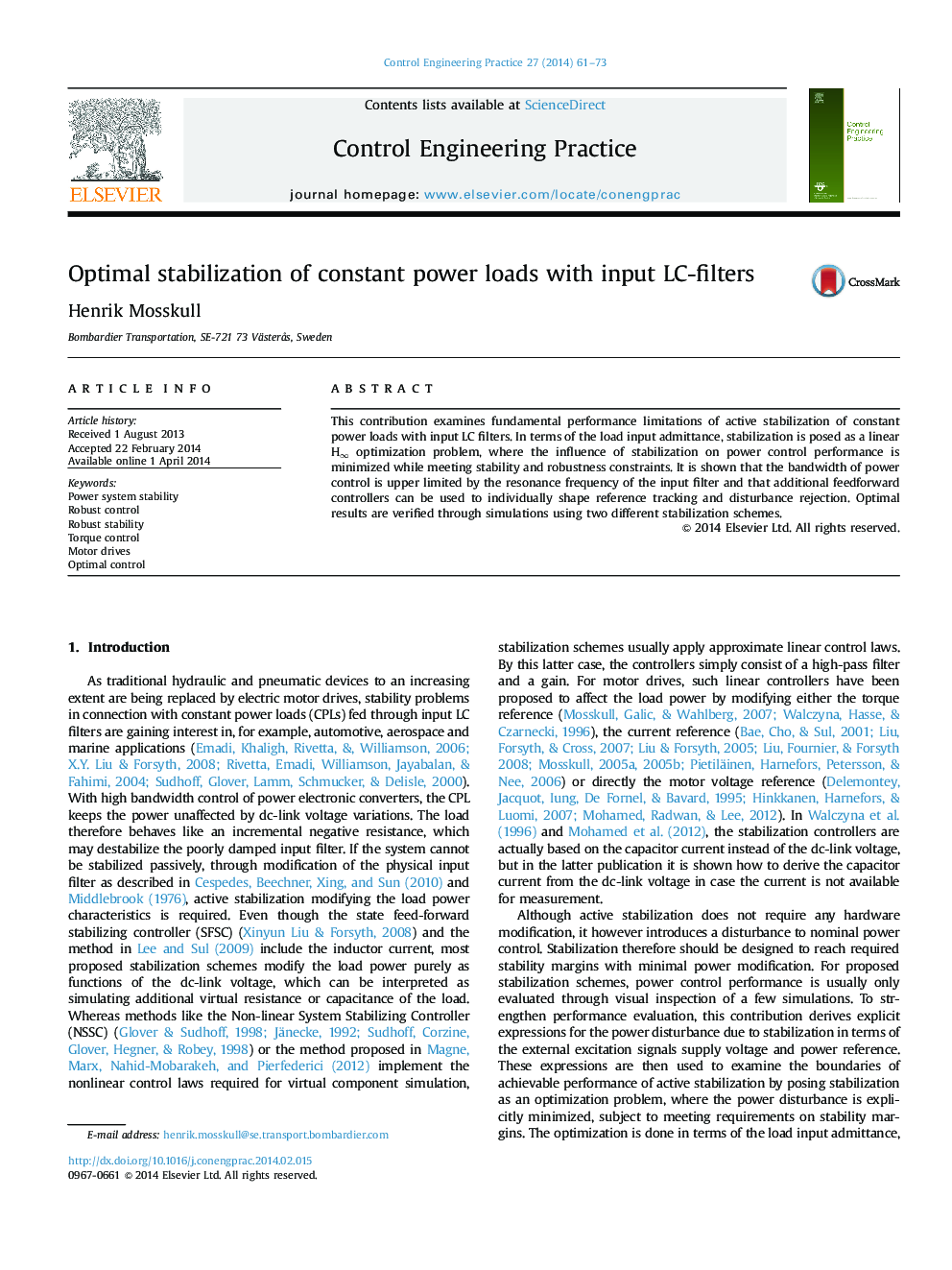 Optimal stabilization of constant power loads with input LC-filters