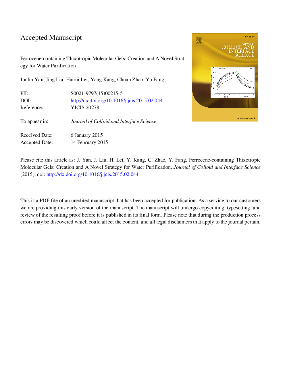 Ferrocene-containing thixotropic molecular gels: Creation and a novel strategy for water purification