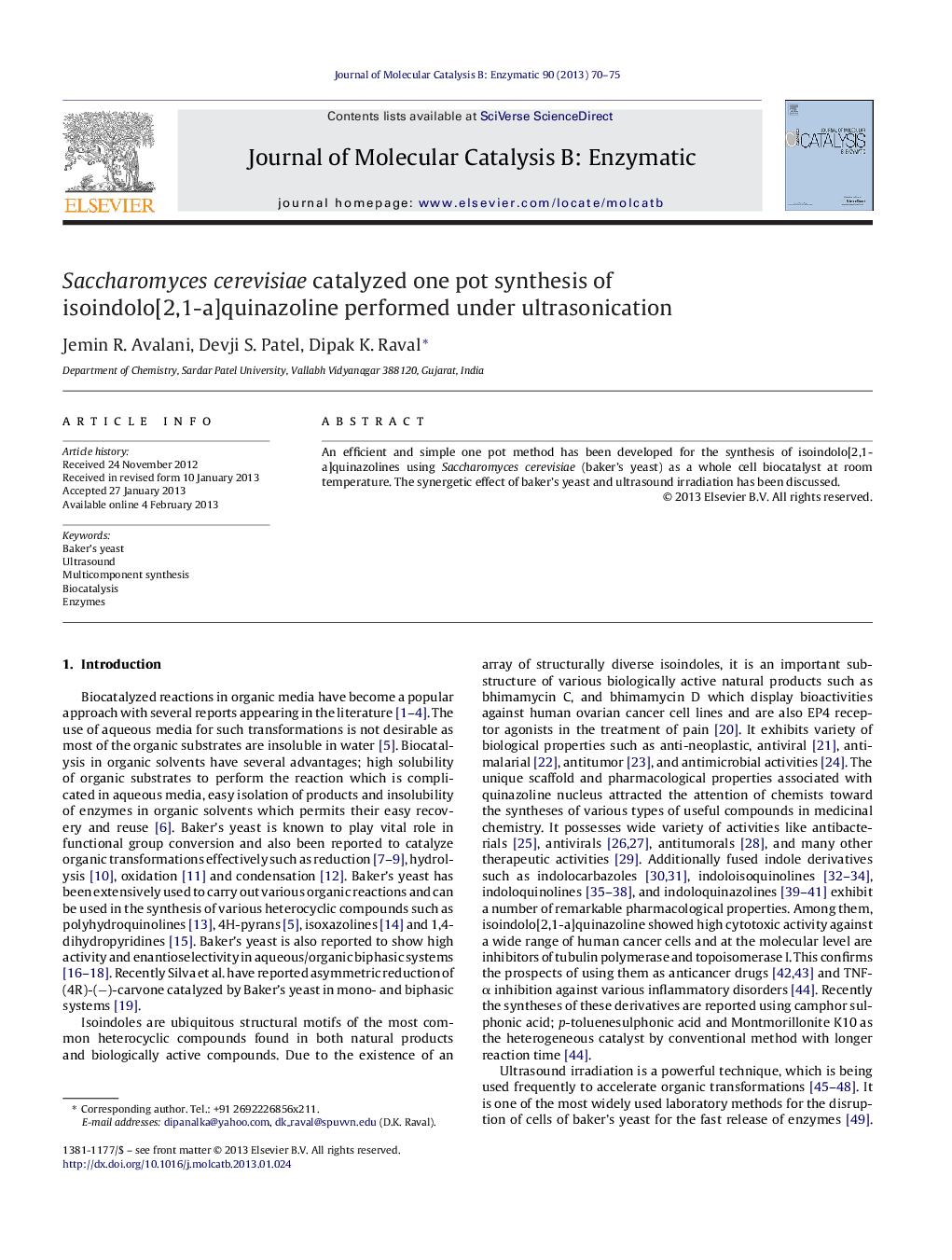 Saccharomyces cerevisiae catalyzed one pot synthesis of isoindolo[2,1-a]quinazoline performed under ultrasonication