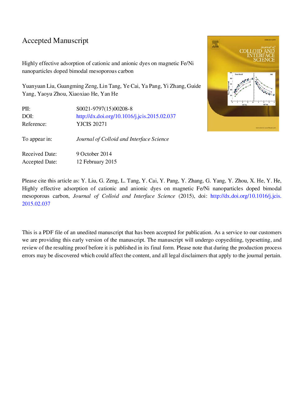 Highly effective adsorption of cationic and anionic dyes on magnetic Fe/Ni nanoparticles doped bimodal mesoporous carbon