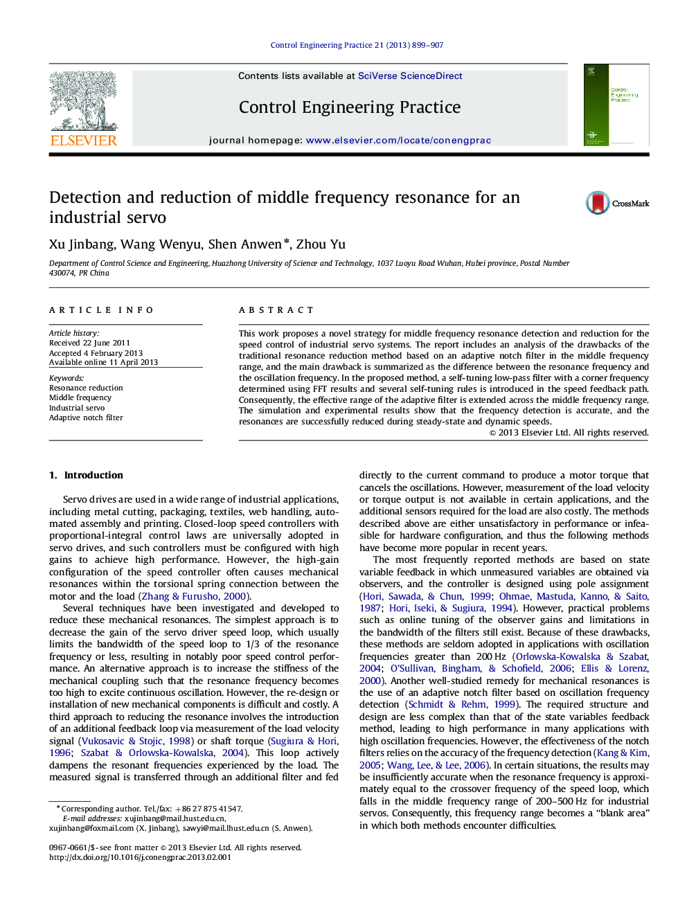 Detection and reduction of middle frequency resonance for an industrial servo