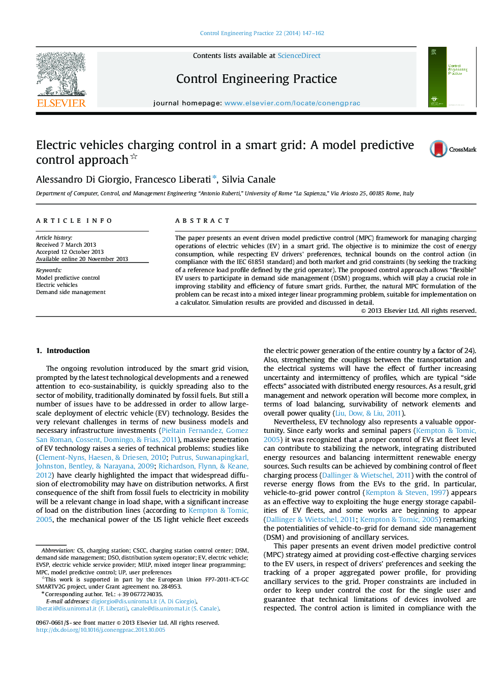 Electric vehicles charging control in a smart grid: A model predictive control approach 