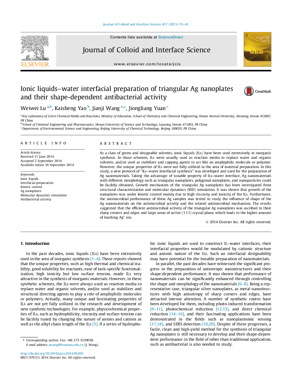 عکس صفحه اول مقاله: Ionic liquids-water interfacial preparation of triangular Ag nanoplates and their shape-dependent antibacterial activity Ionic liquids-water interfacial preparation of triangular Ag nanoplates and their shape-dependent antibacterial activity