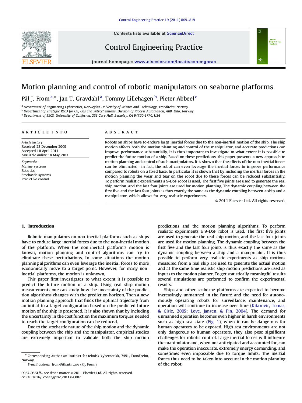 Motion planning and control of robotic manipulators on seaborne platforms