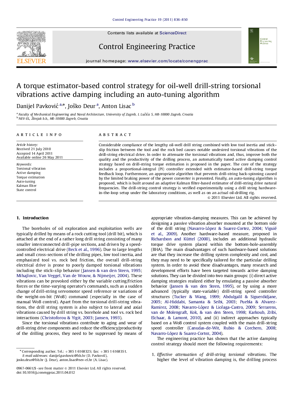 A torque estimator-based control strategy for oil-well drill-string torsional vibrations active damping including an auto-tuning algorithm