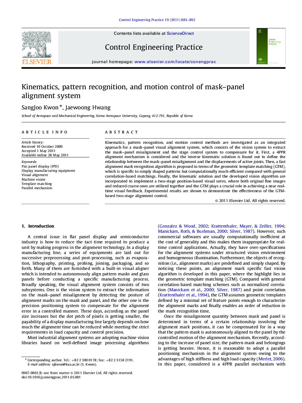 عکس صفحه اول مقاله: Kinematics, pattern recognition, and motion control of mask–panel alignment system Kinematics, pattern recognition, and motion control of mask–panel alignment system