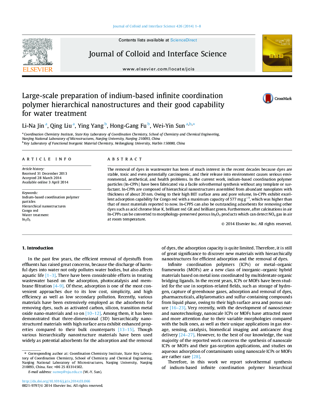 Large-scale preparation of indium-based infinite coordination polymer hierarchical nanostructures and their good capability for water treatment