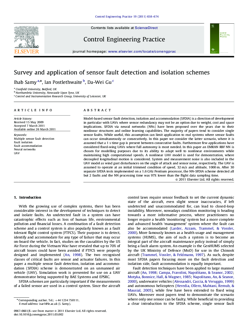 Survey and application of sensor fault detection and isolation schemes