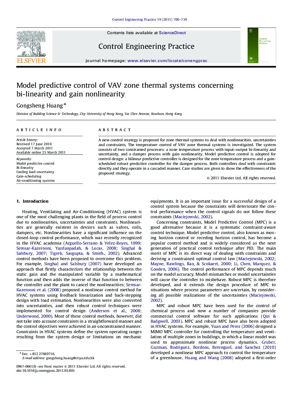 Model predictive control of VAV zone thermal systems concerning bi-linearity and gain nonlinearity