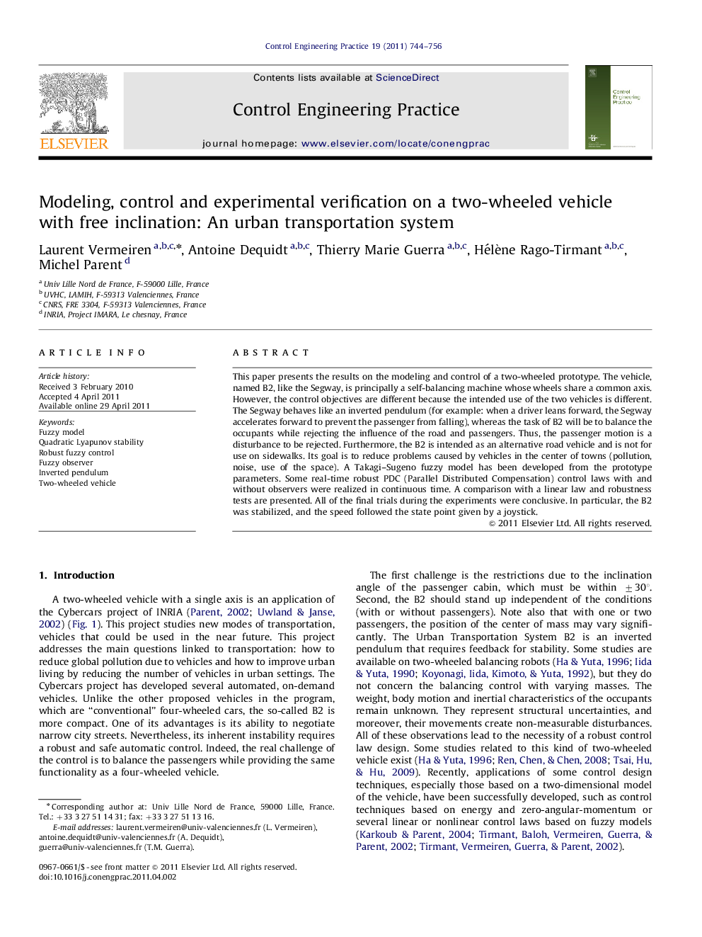 عکس صفحه اول مقاله: Modeling, control and experimental verification on a two-wheeled vehicle with free inclination: An urban transportation system Modeling, control and experimental verification on a two-wheeled vehicle with free inclination: An urban transportation system