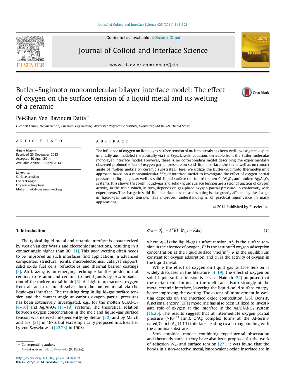 Butler-Sugimoto monomolecular bilayer interface model: The effect of oxygen on the surface tension of a liquid metal and its wetting of a ceramic