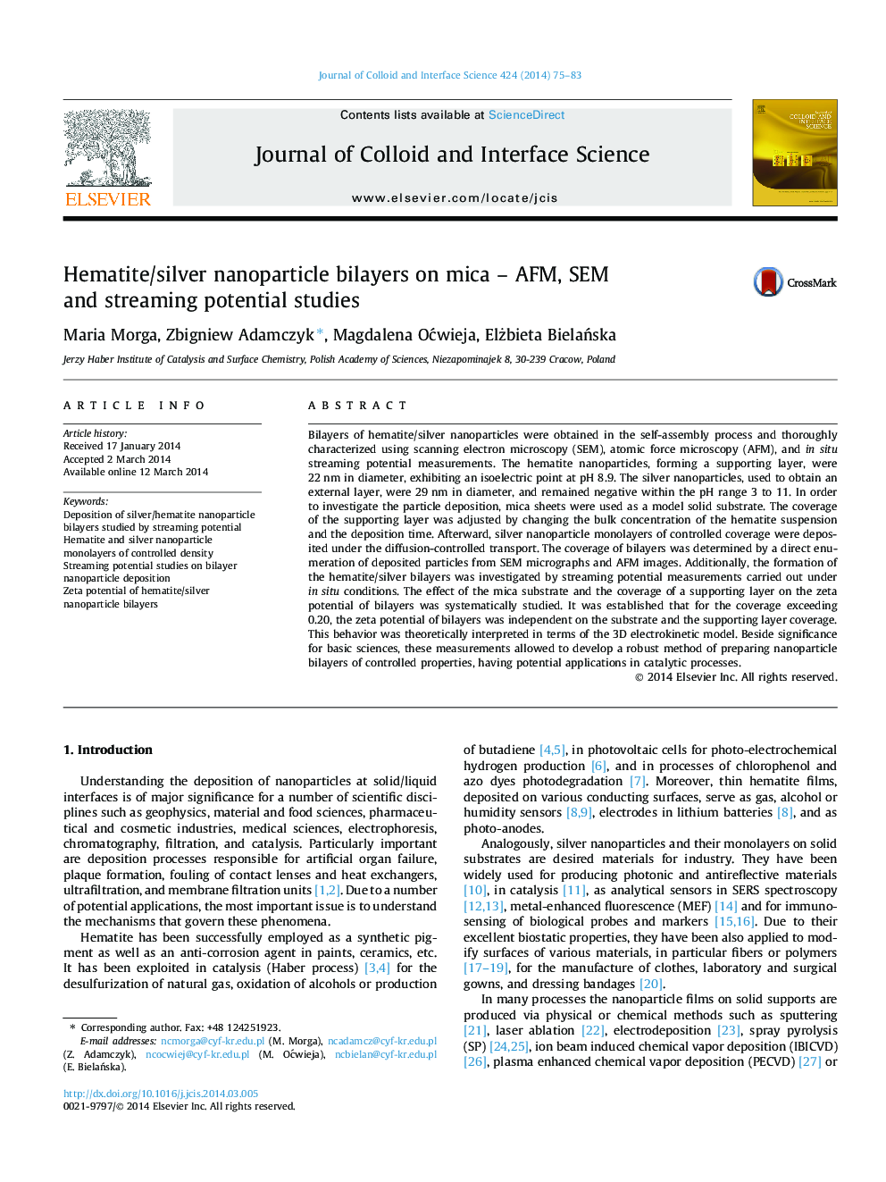 Hematite/silver nanoparticle bilayers on mica - AFM, SEM and streaming potential studies