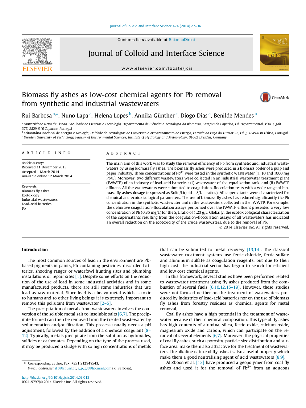 Biomass fly ashes as low-cost chemical agents for Pb removal from synthetic and industrial wastewaters