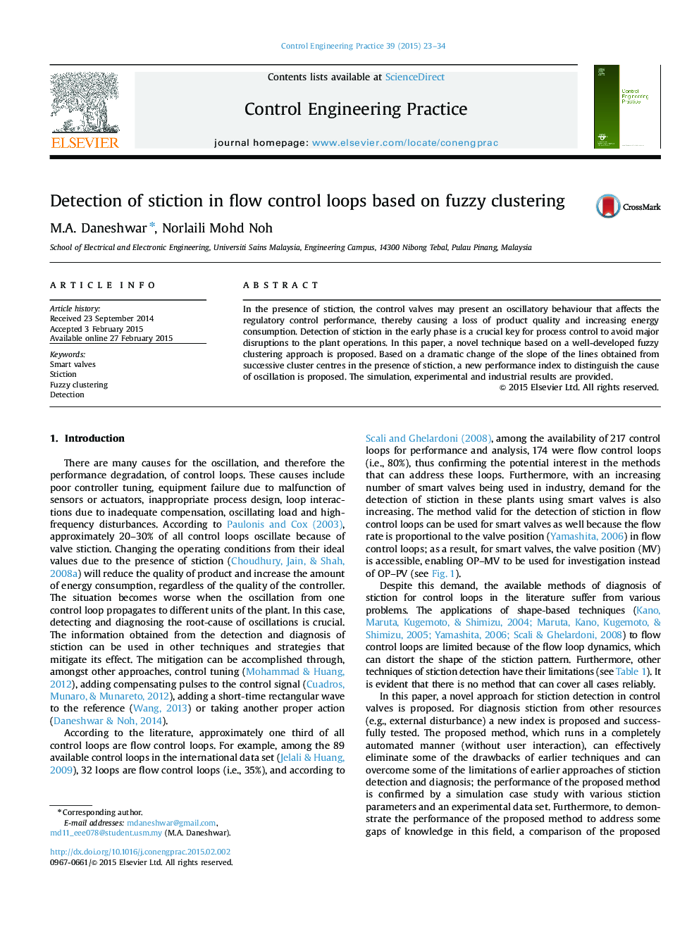 Detection of stiction in flow control loops based on fuzzy clustering