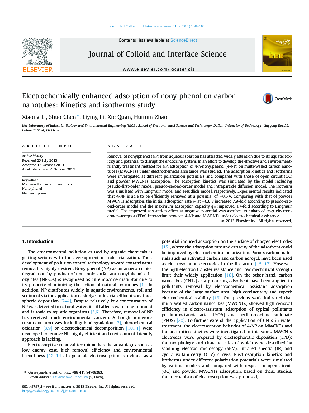 Electrochemically enhanced adsorption of nonylphenol on carbon nanotubes: Kinetics and isotherms study