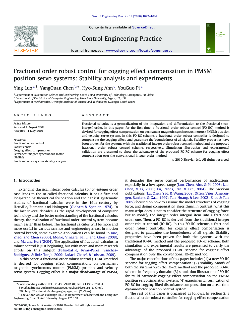 Fractional order robust control for cogging effect compensation in PMSM position servo systems: Stability analysis and experiments