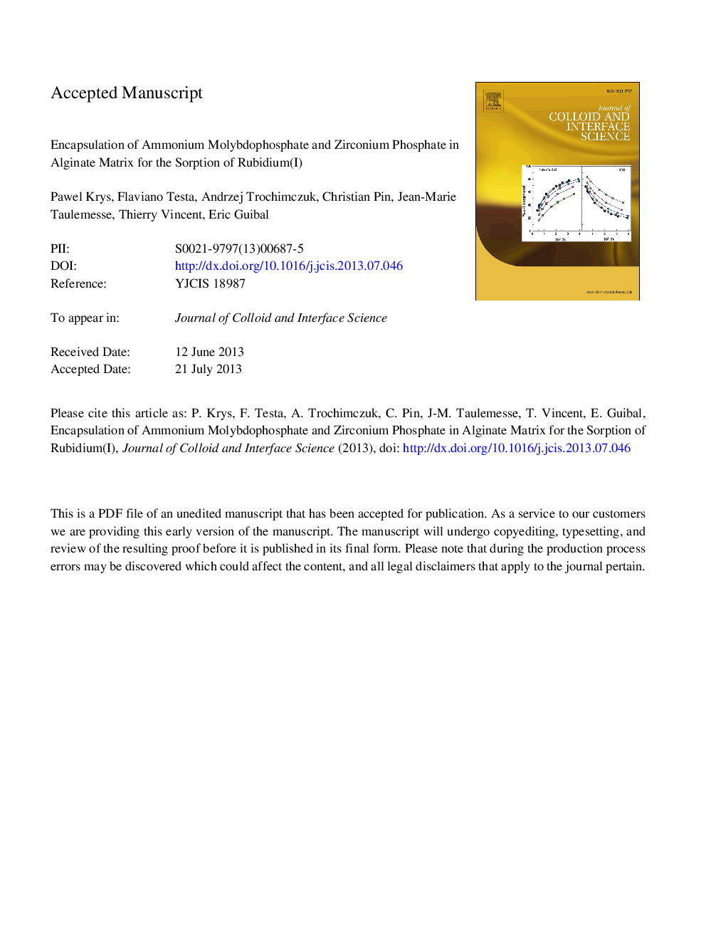Encapsulation of ammonium molybdophosphate and zirconium phosphate in alginate matrix for the sorption of rubidium(I)