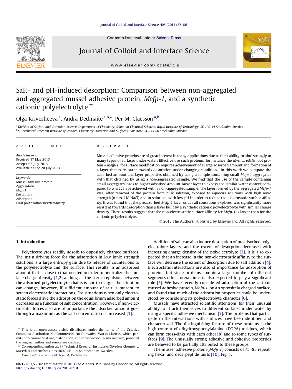 Salt- and pH-induced desorption: Comparison between non-aggregated and aggregated mussel adhesive protein, Mefp-1, and a synthetic cationic polyelectrolyte