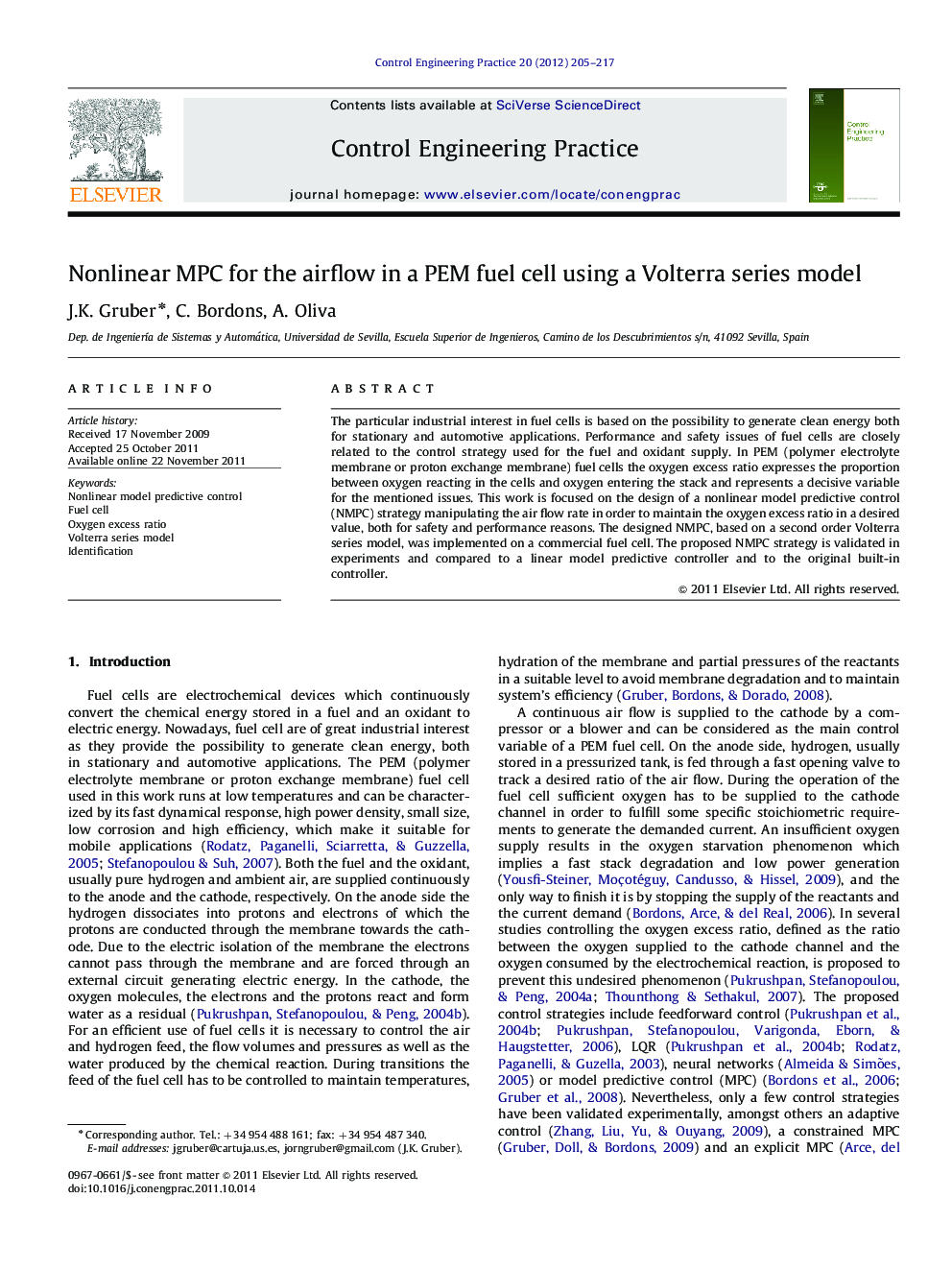 Nonlinear MPC for the airflow in a PEM fuel cell using a Volterra series model