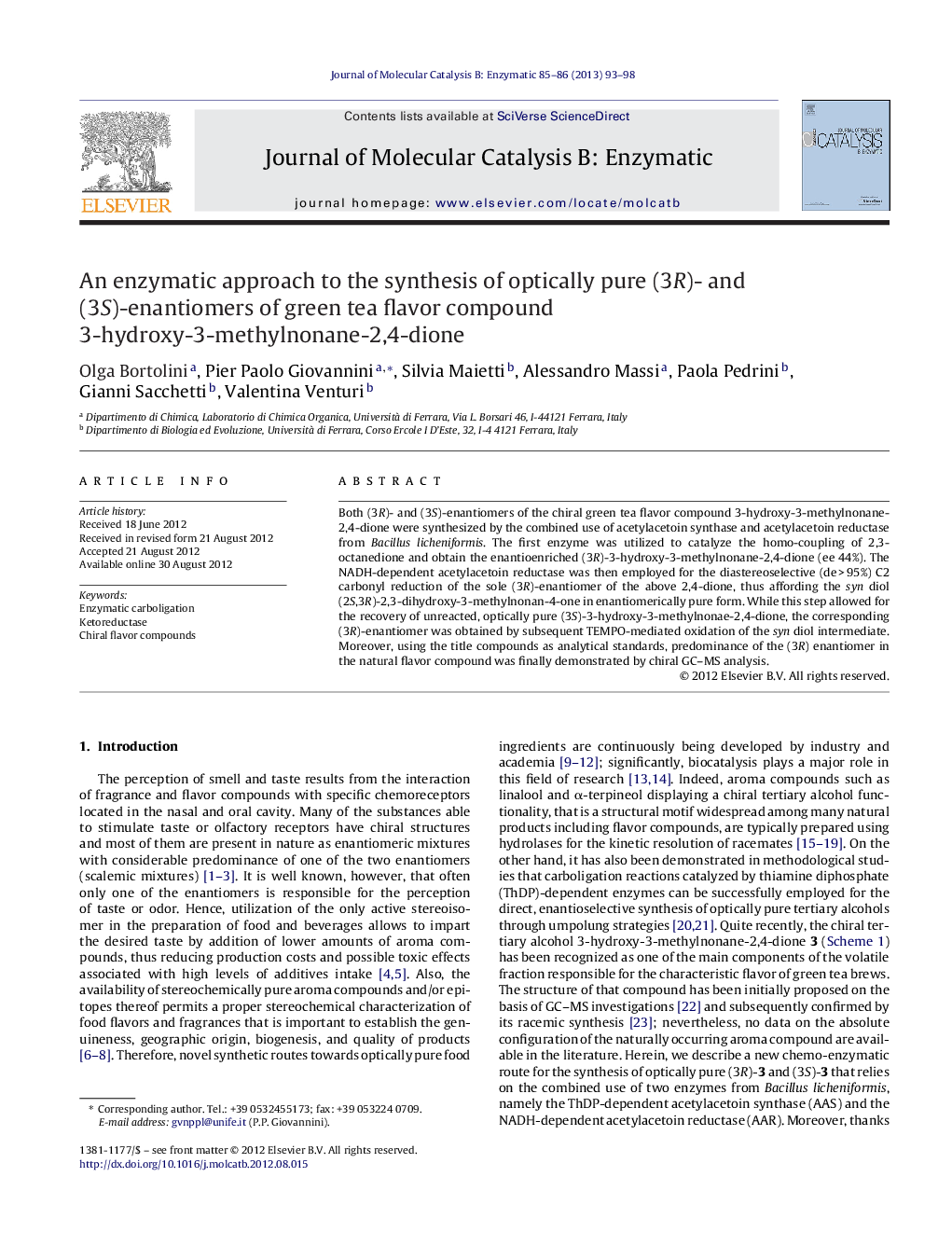 An enzymatic approach to the synthesis of optically pure (3R)- and (3S)-enantiomers of green tea flavor compound 3-hydroxy-3-methylnonane-2,4-dione