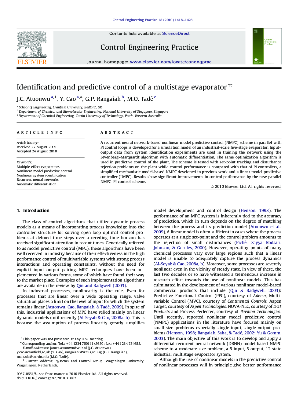 Identification and predictive control of a multistage evaporator 