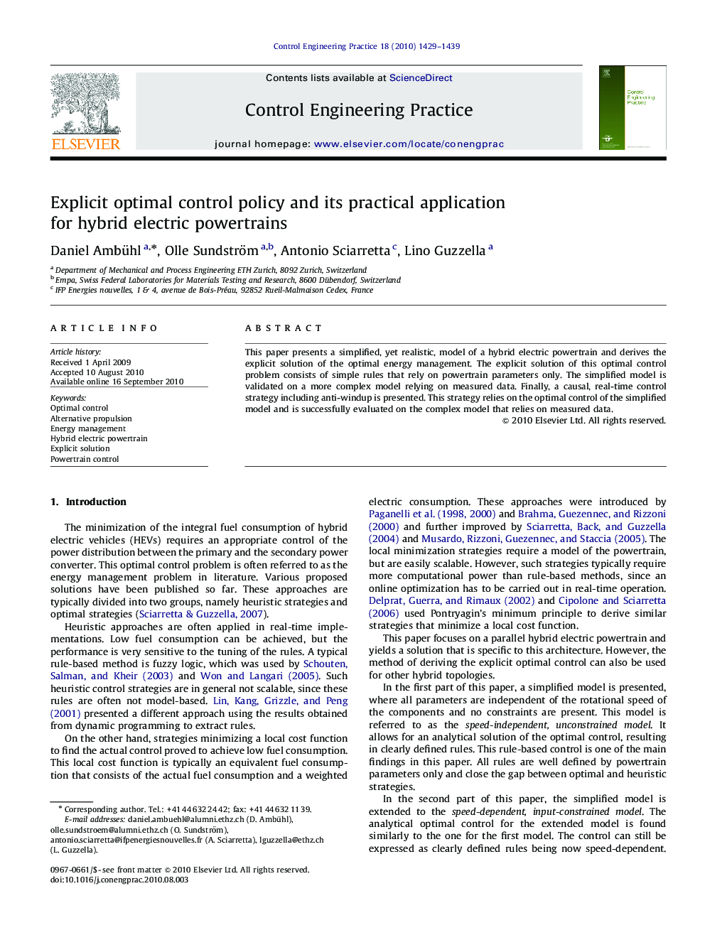 Explicit optimal control policy and its practical application for hybrid electric powertrains