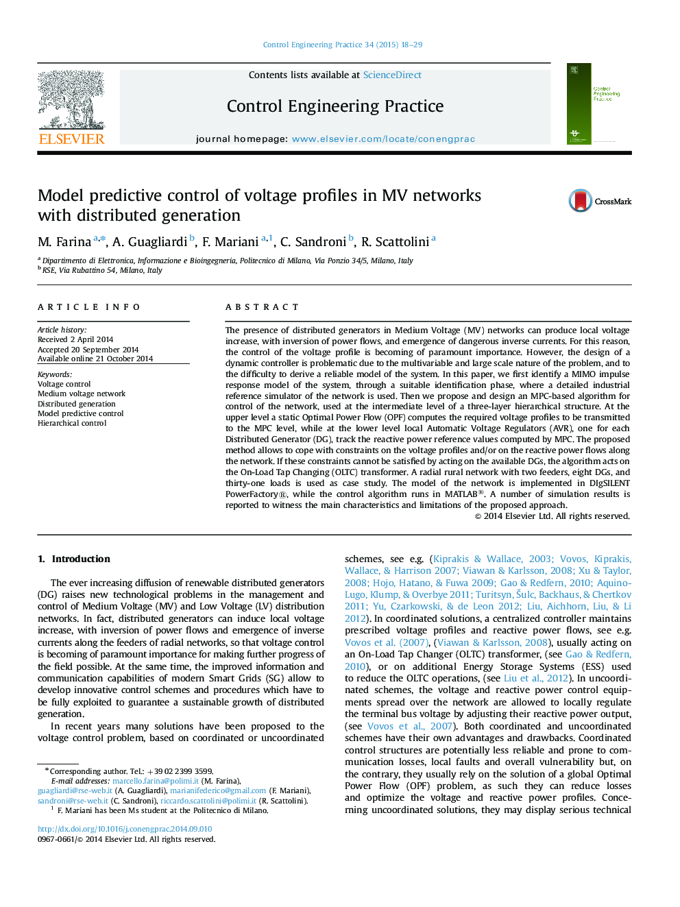 Model predictive control of voltage profiles in MV networks with distributed generation