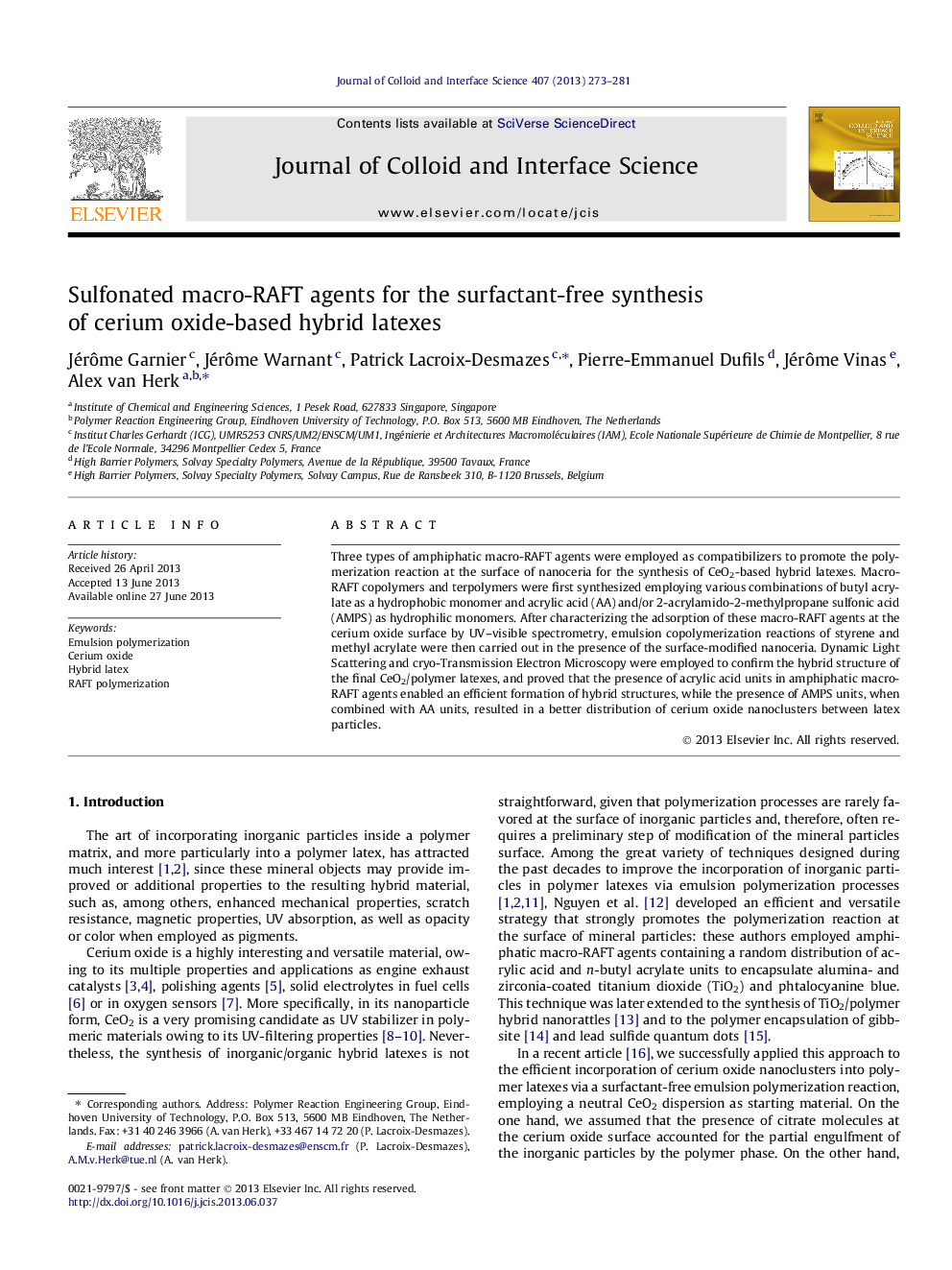 عکس صفحه اول مقاله: Sulfonated macro-RAFT agents for the surfactant-free synthesis of cerium oxide-based hybrid latexes Sulfonated macro-RAFT agents for the surfactant-free synthesis of cerium oxide-based hybrid latexes