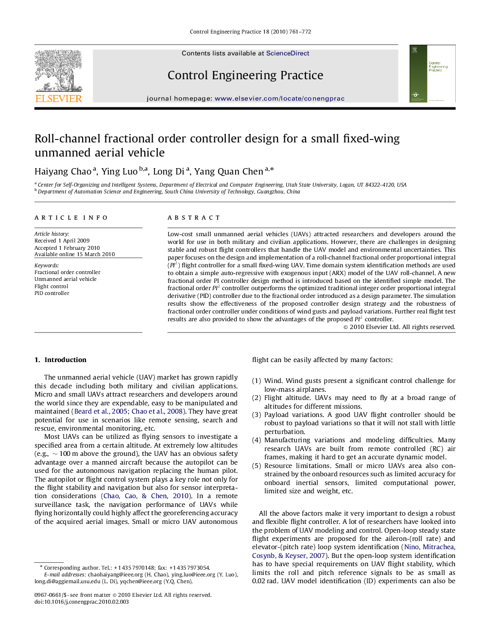 Roll-channel fractional order controller design for a small fixed-wing unmanned aerial vehicle