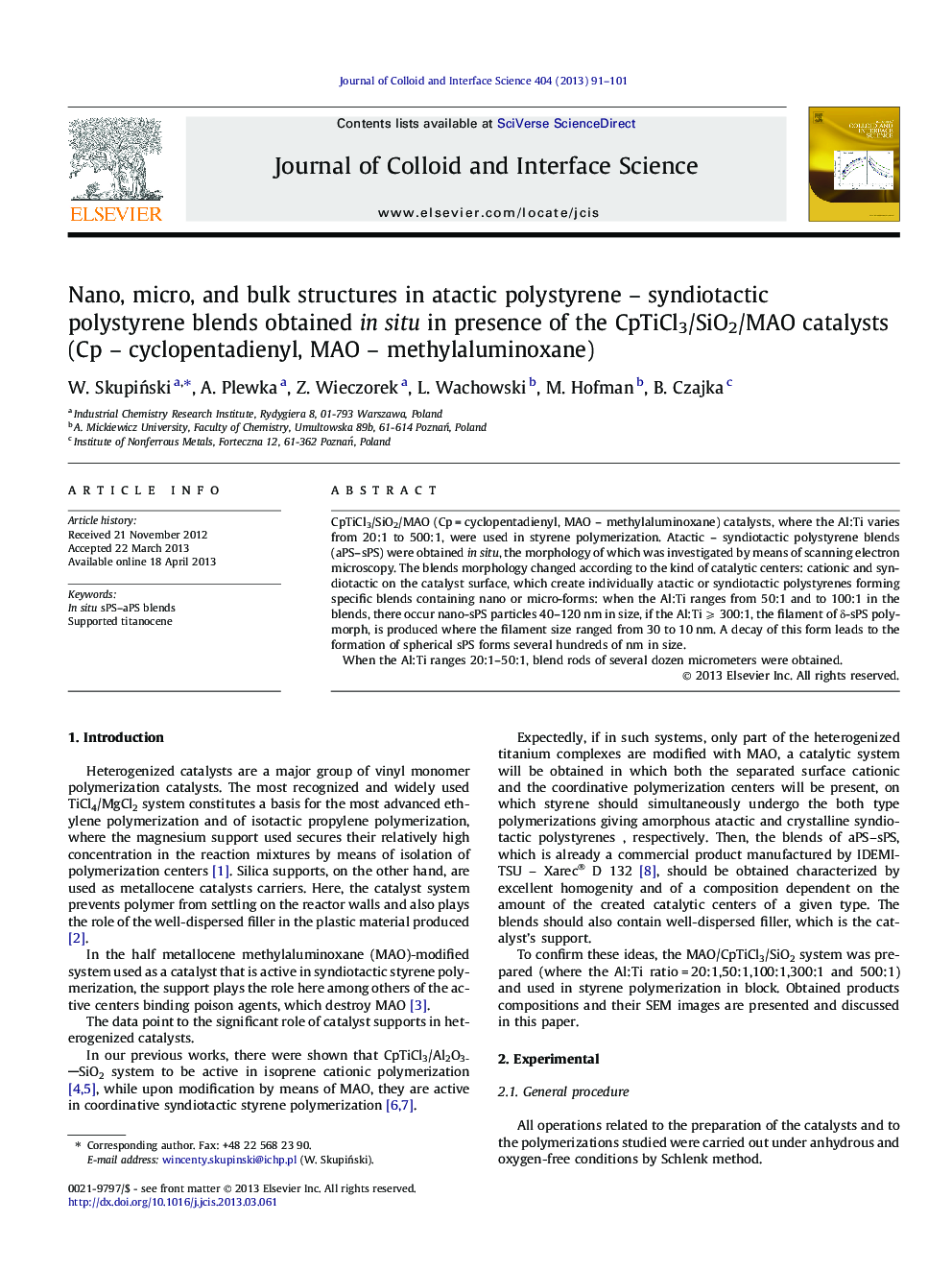Nano, micro, and bulk structures in atactic polystyrene - syndiotactic polystyrene blends obtained in situ in presence of the CpTiCl3/SiO2/MAO catalysts (Cp - cyclopentadienyl, MAO - methylaluminoxane)