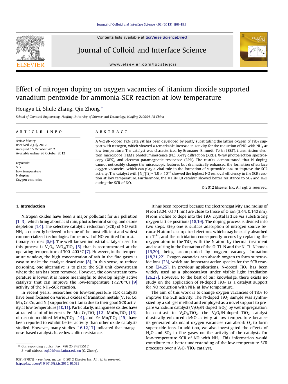 Effect of nitrogen doping on oxygen vacancies of titanium dioxide supported vanadium pentoxide for ammonia-SCR reaction at low temperature