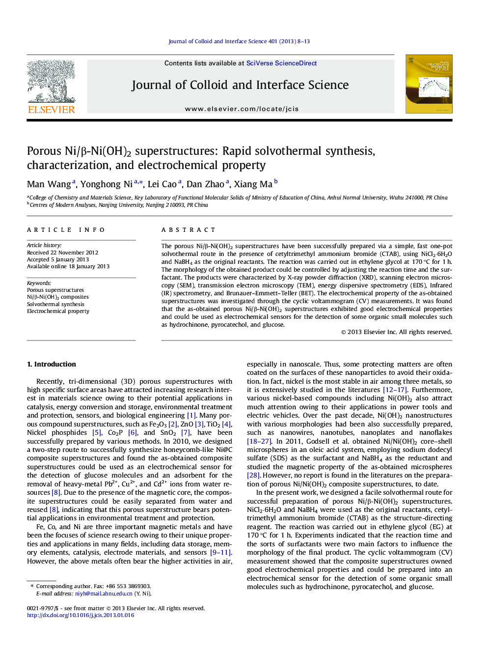 Porous Ni/Î²-Ni(OH)2 superstructures: Rapid solvothermal synthesis, characterization, and electrochemical property