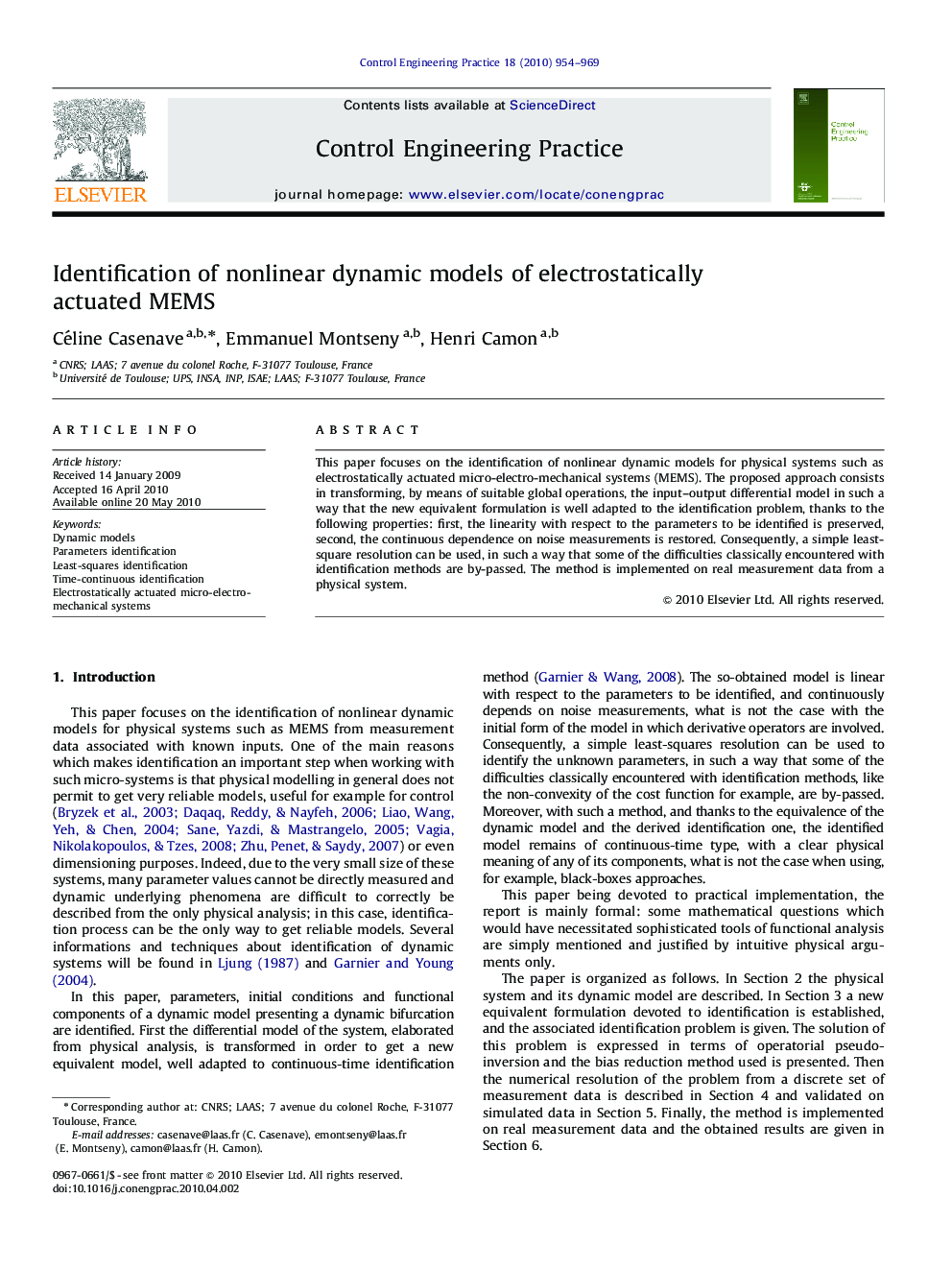 Identification of nonlinear dynamic models of electrostatically actuated MEMS