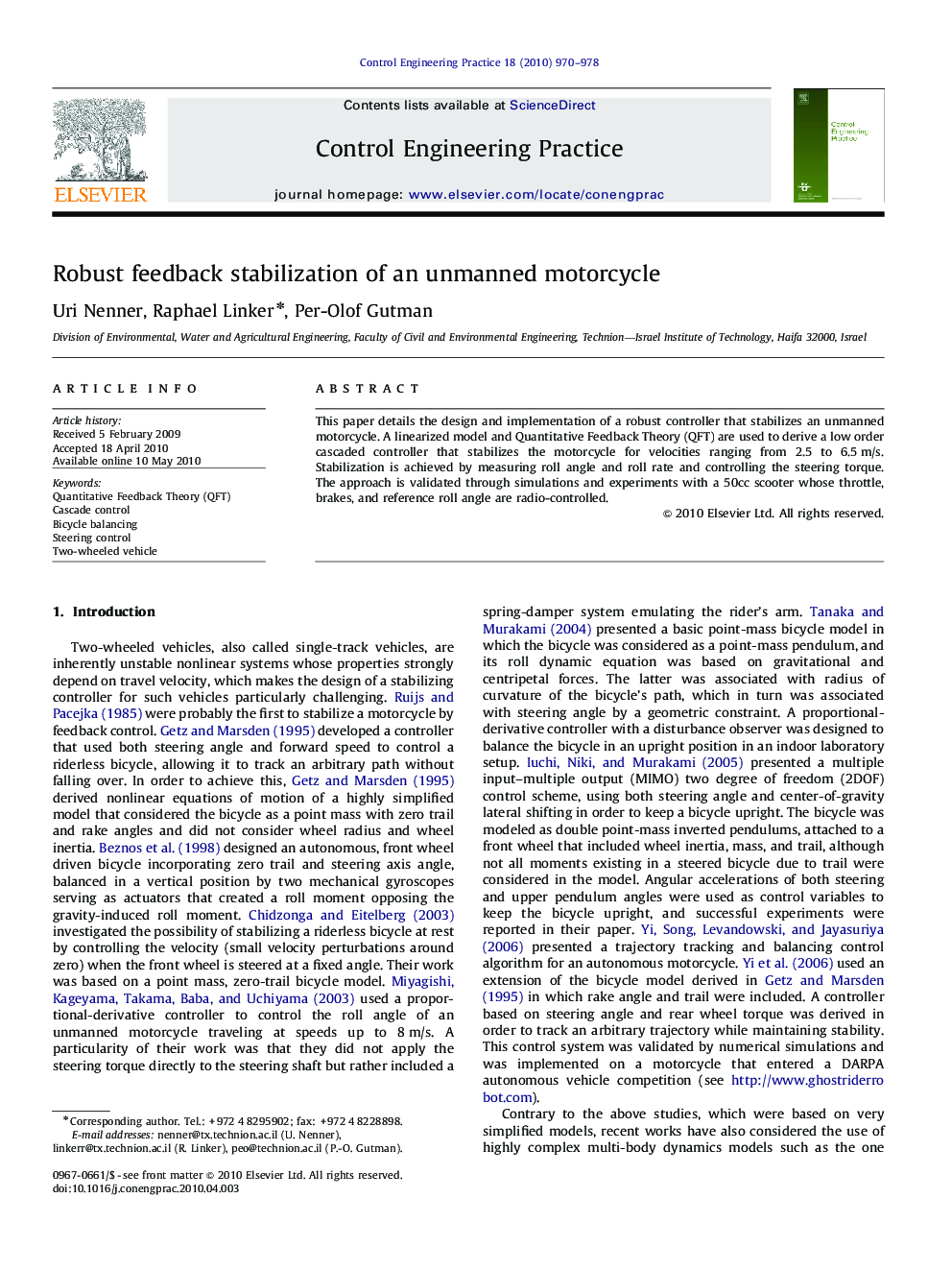 Robust feedback stabilization of an unmanned motorcycle