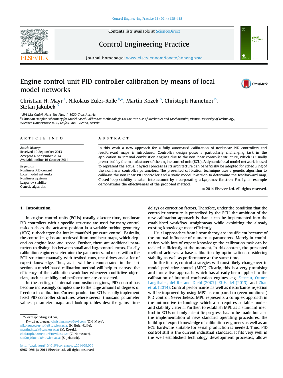 Engine control unit PID controller calibration by means of local model networks