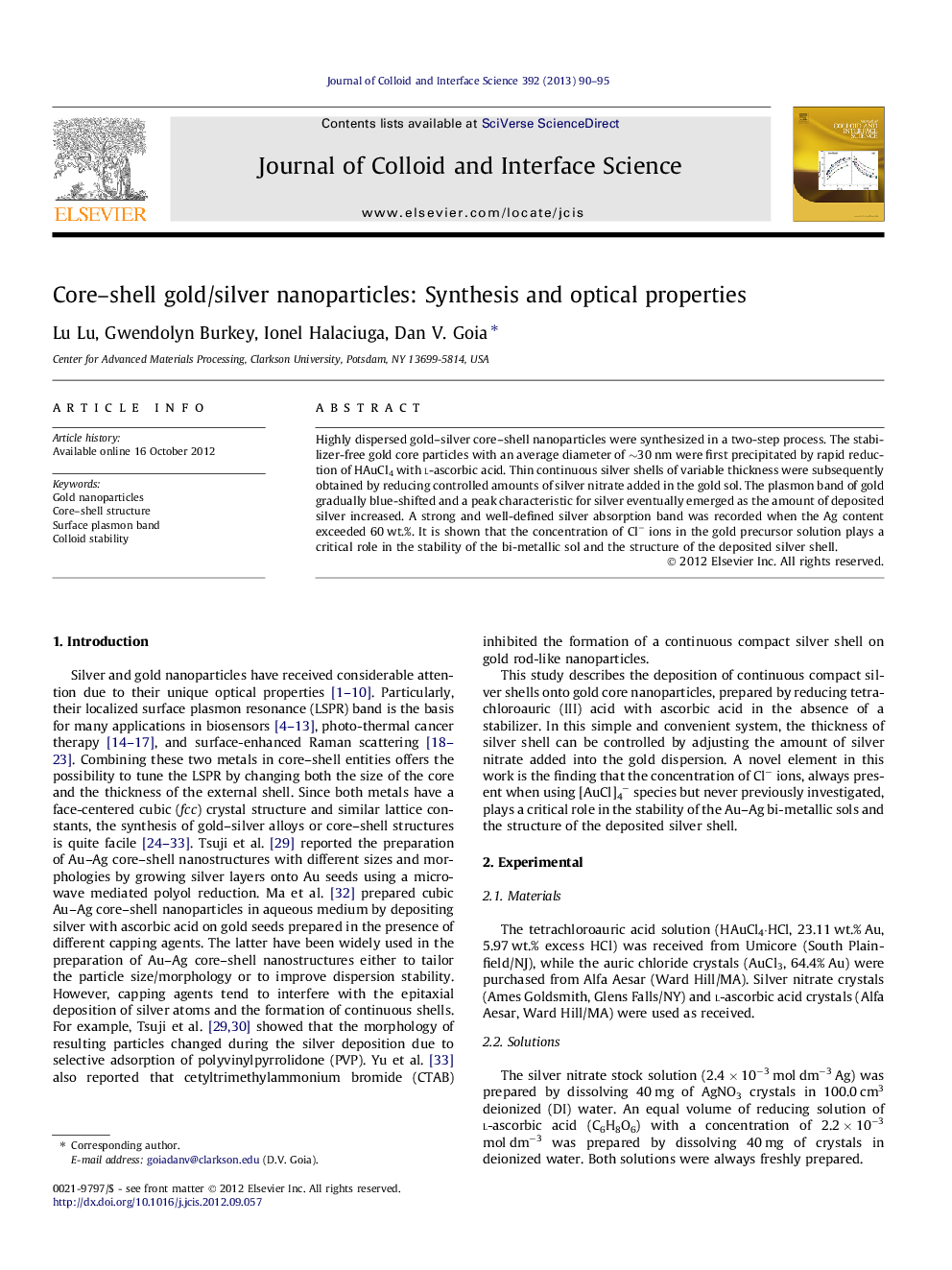 Core-shell gold/silver nanoparticles: Synthesis and optical properties