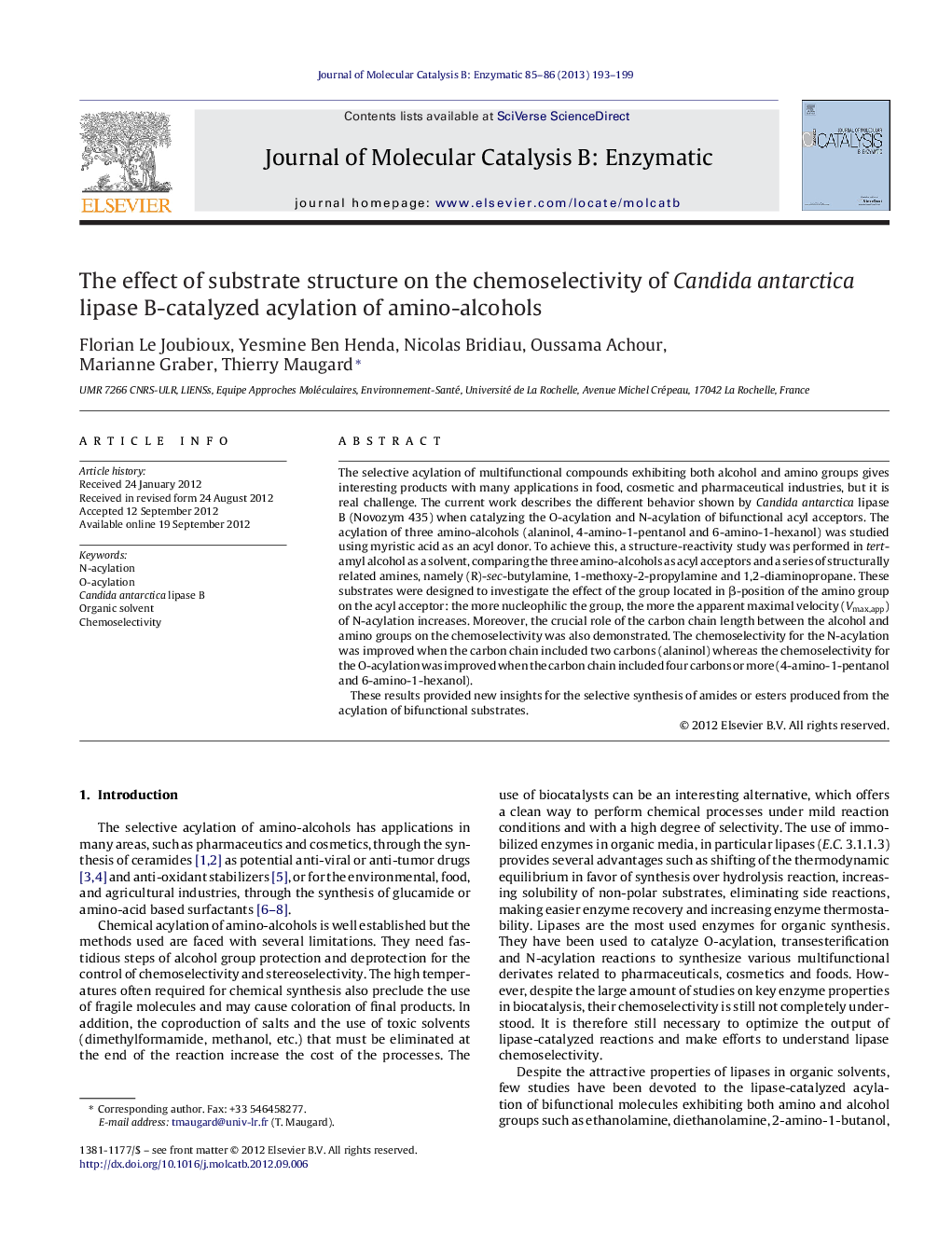 The effect of substrate structure on the chemoselectivity of Candida antarctica lipase B-catalyzed acylation of amino-alcohols