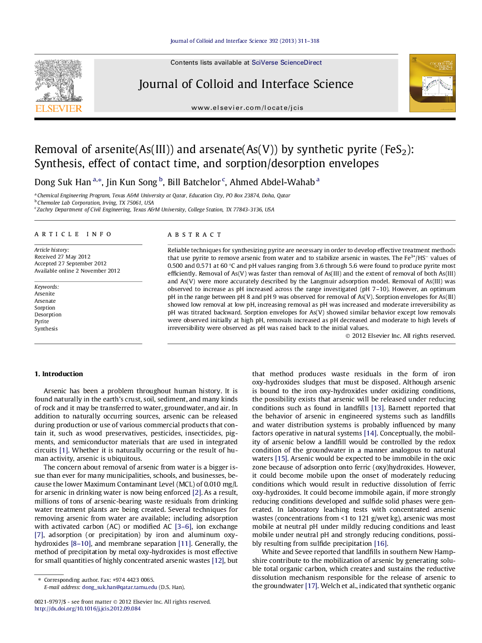 Removal of arsenite(As(III)) and arsenate(As(V)) by synthetic pyrite (FeS2): Synthesis, effect of contact time, and sorption/desorption envelopes