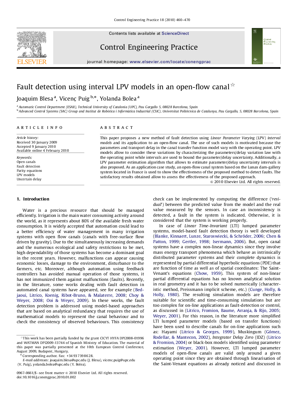 Fault detection using interval LPV models in an open-flow canal 