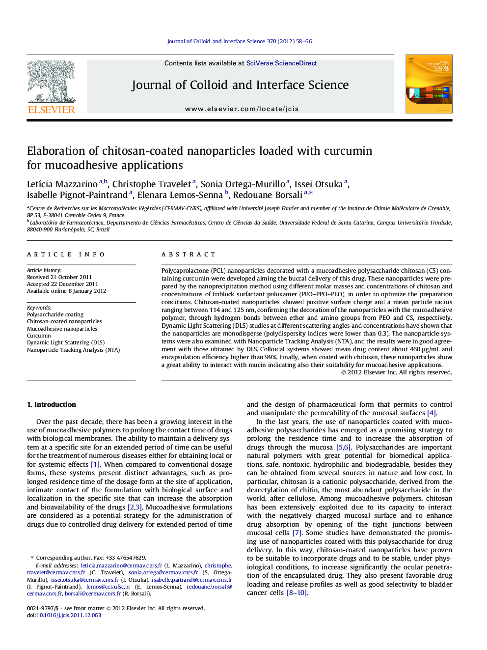 Elaboration of chitosan-coated nanoparticles loaded with curcumin for mucoadhesive applications