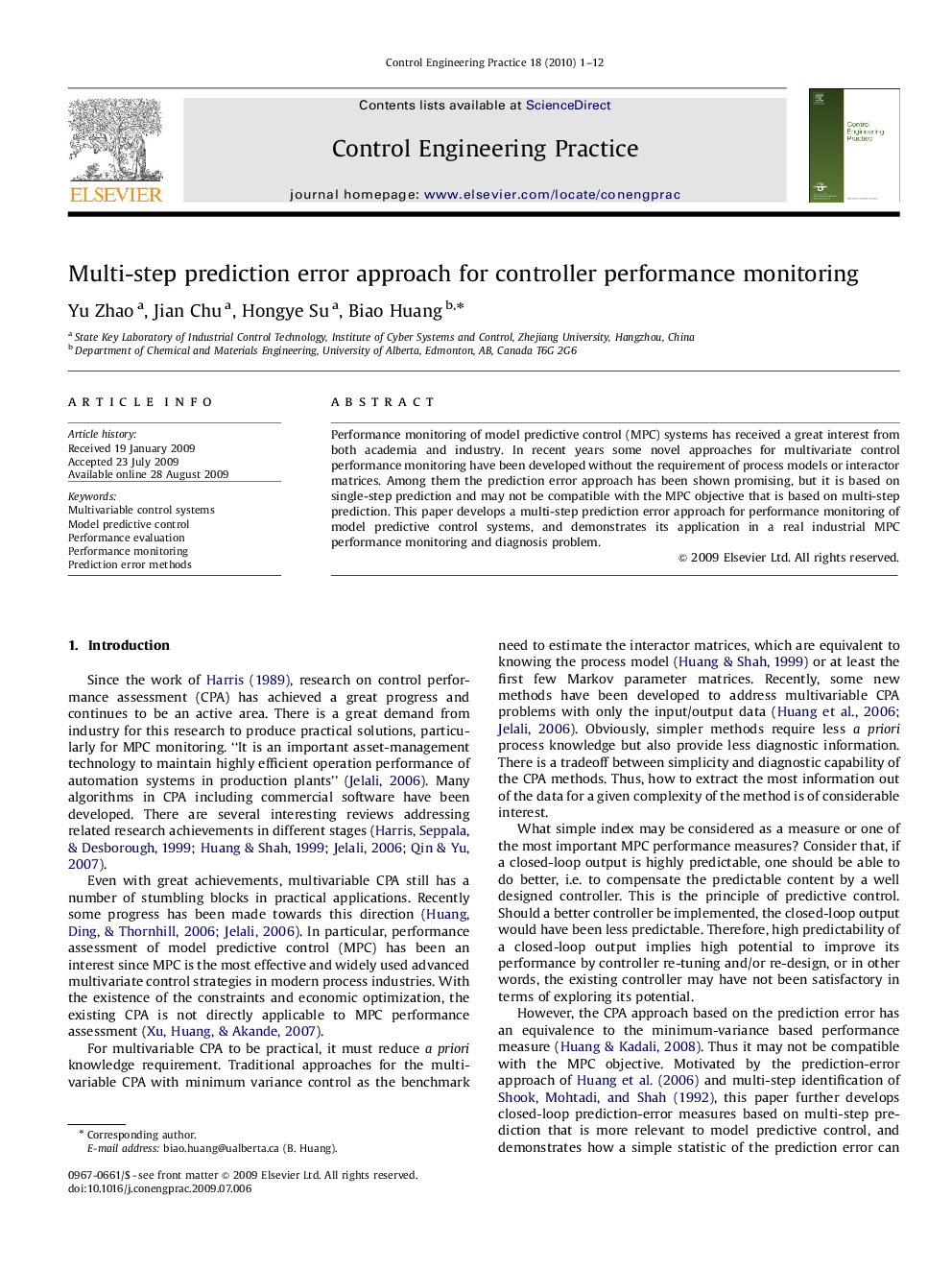 Multi-step prediction error approach for controller performance monitoring