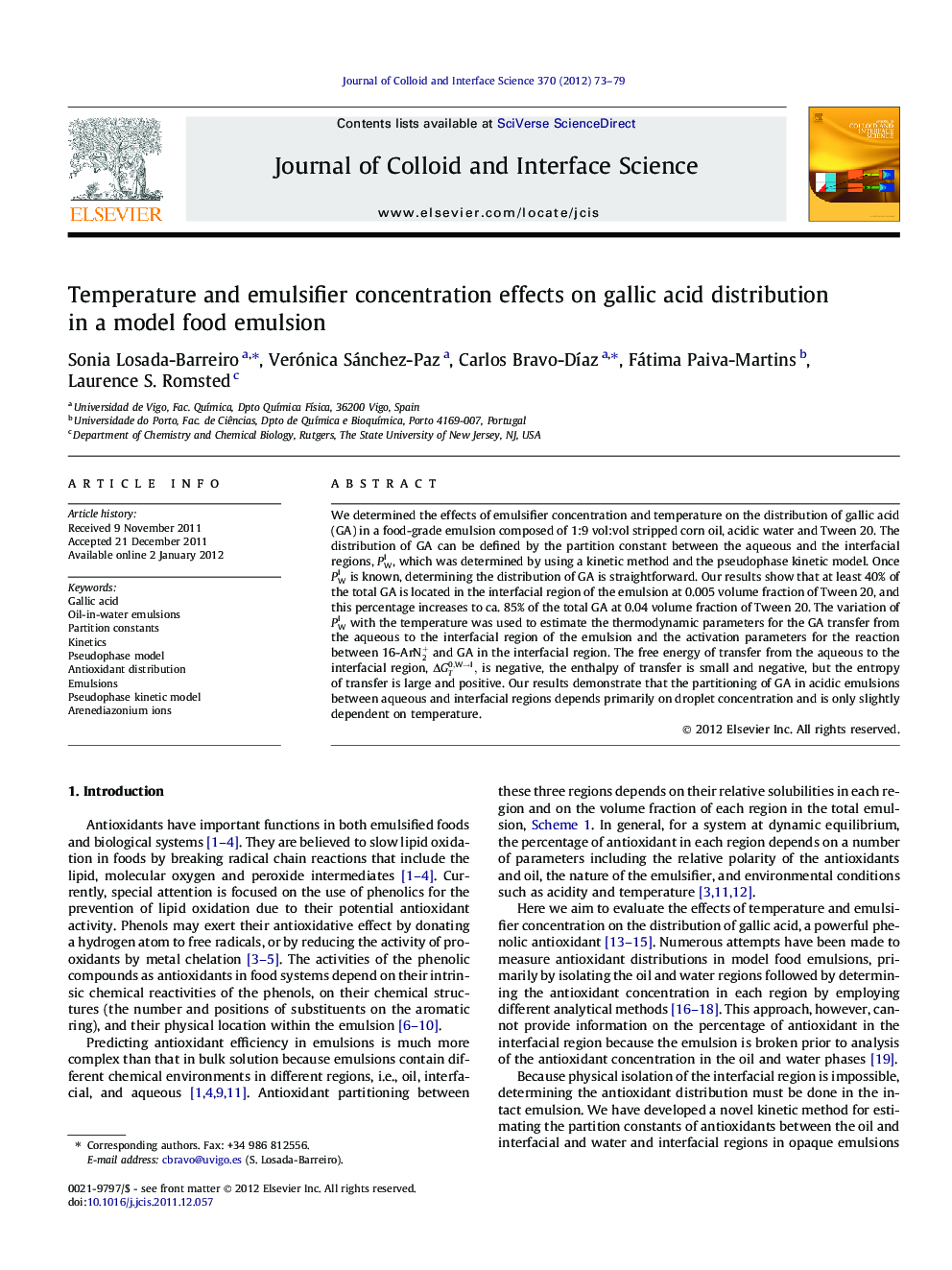 Temperature and emulsifier concentration effects on gallic acid distribution in a model food emulsion