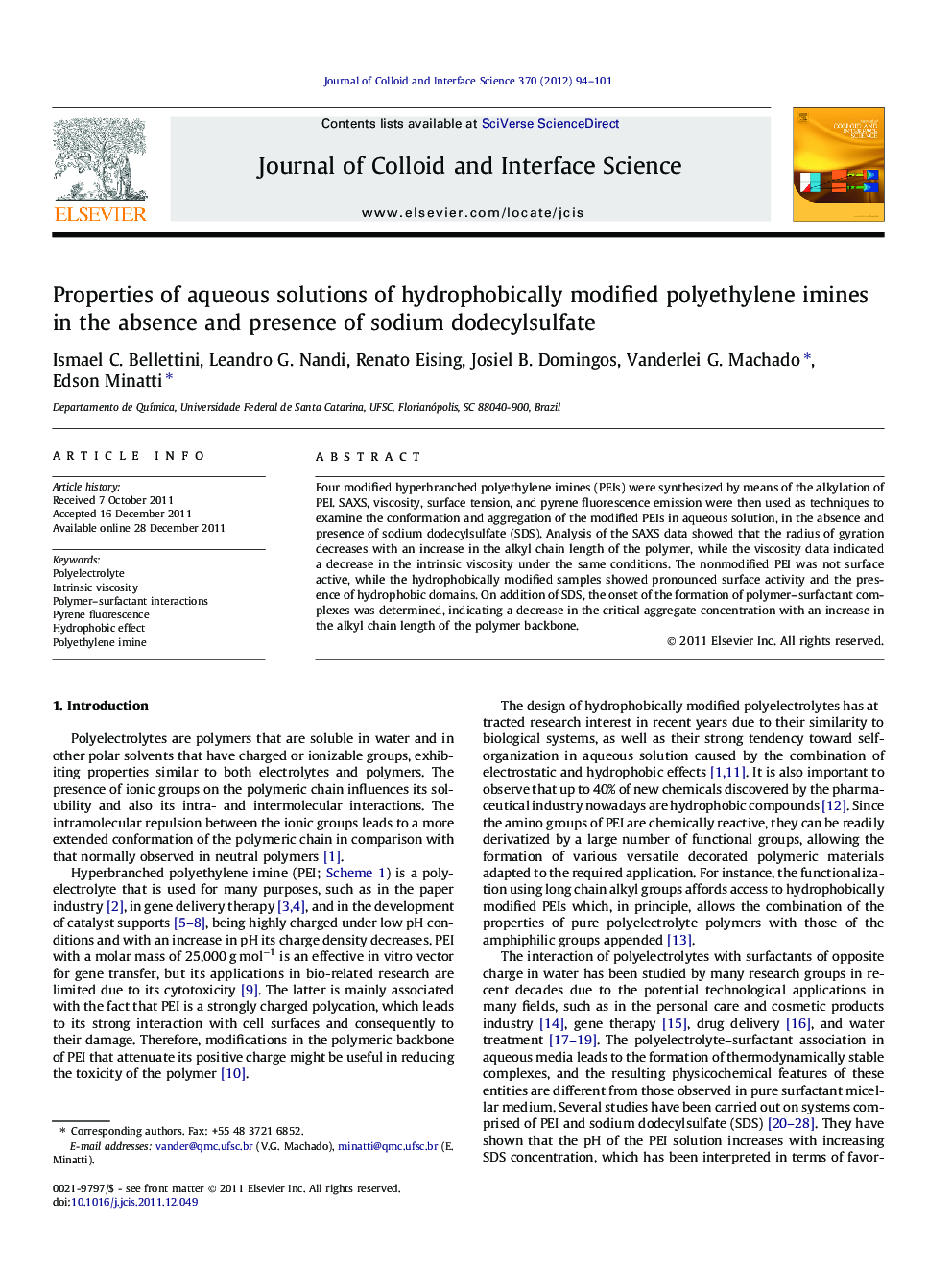 Properties of aqueous solutions of hydrophobically modified polyethylene imines in the absence and presence of sodium dodecylsulfate