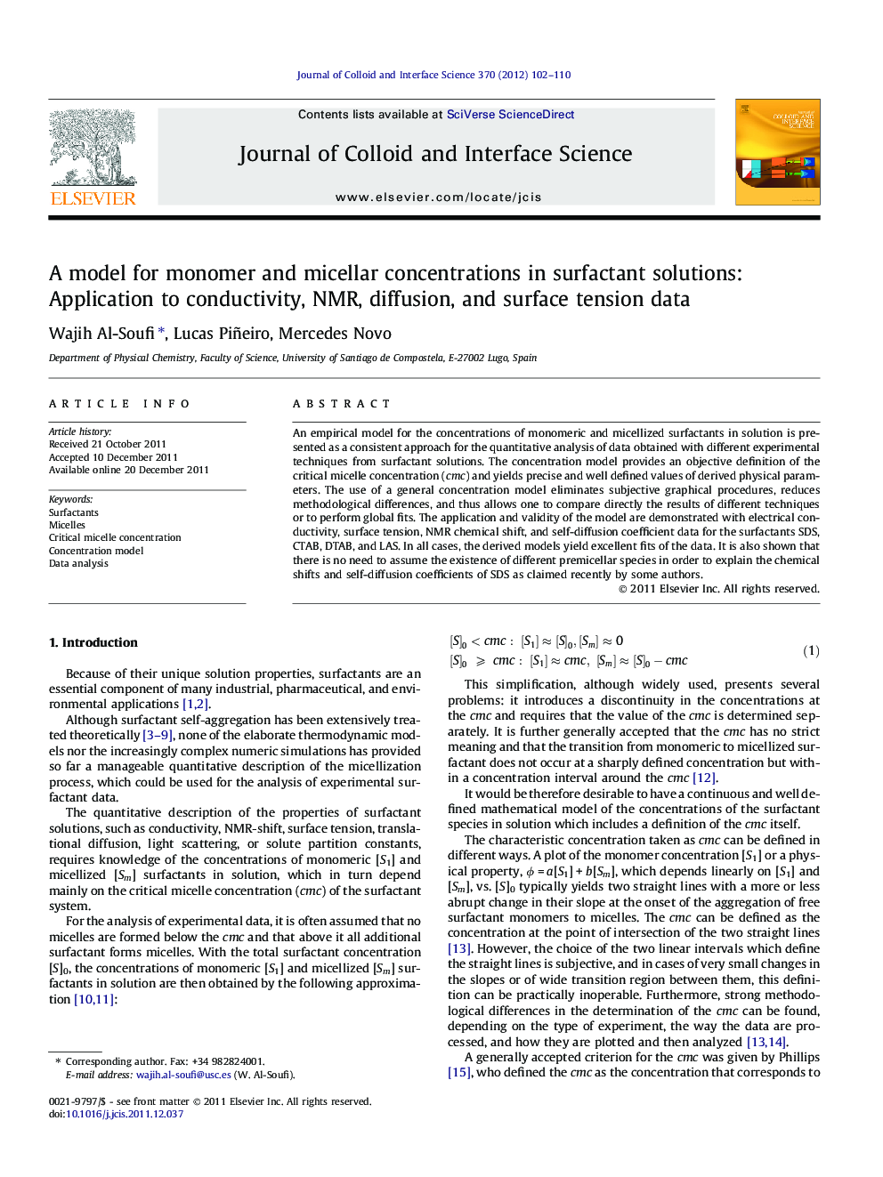 عکس صفحه اول مقاله: A model for monomer and micellar concentrations in surfactant solutions: Application to conductivity, NMR, diffusion, and surface tension data A model for monomer and micellar concentrations in surfactant solutions: Application to conductivity, NMR, diffusion, and surface tension data