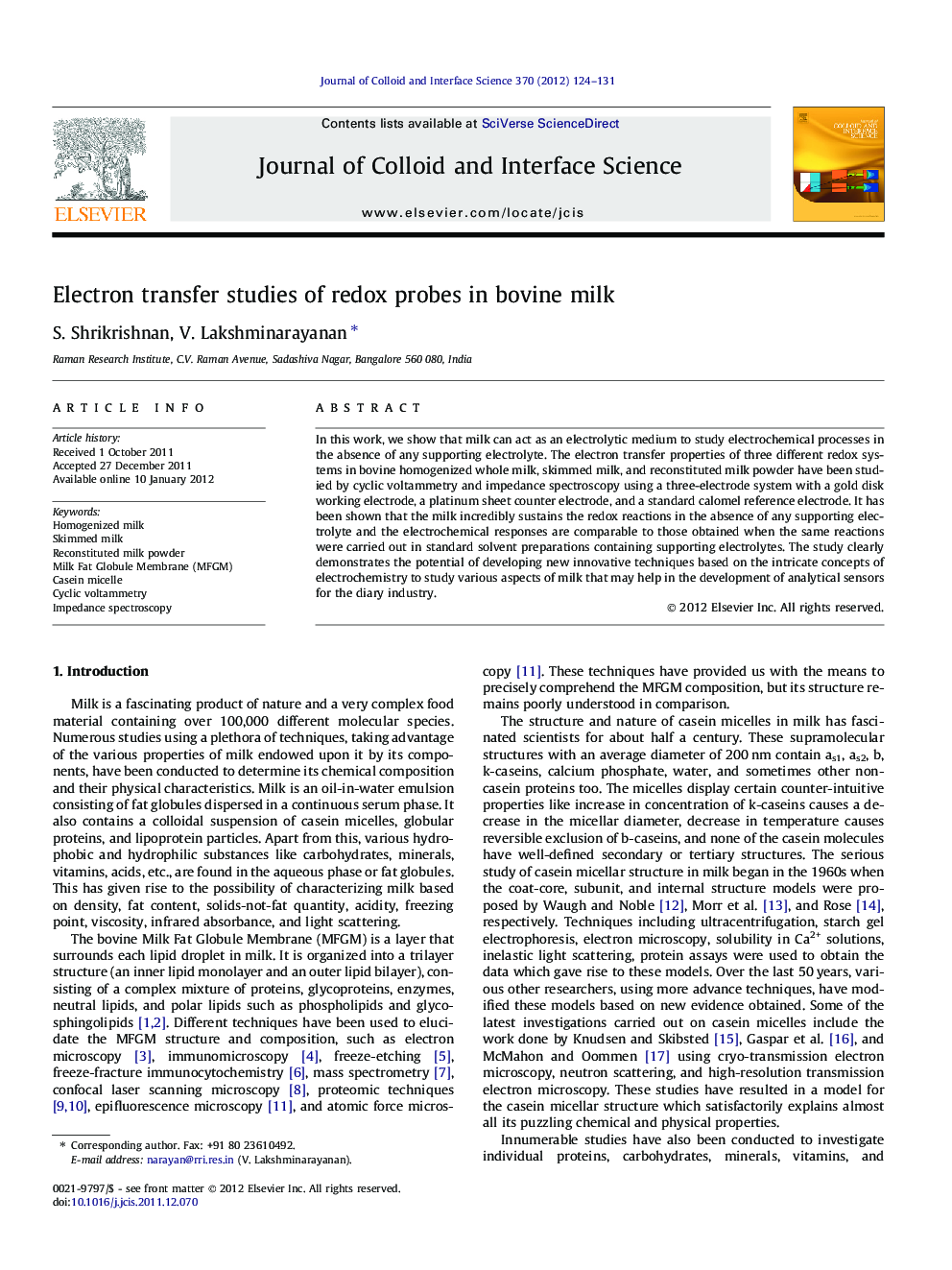 Electron transfer studies of redox probes in bovine milk