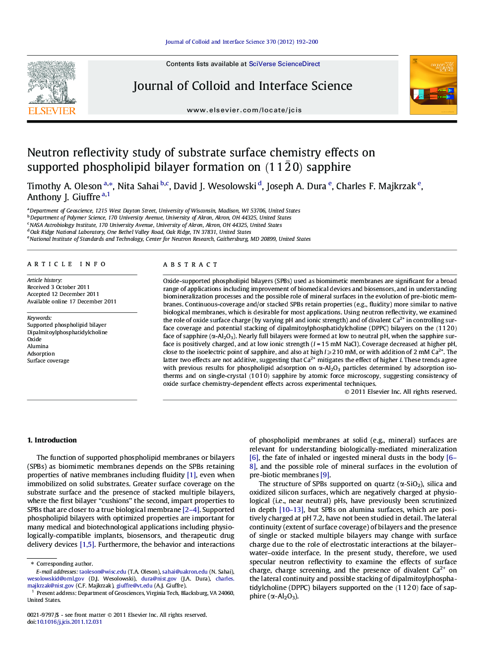 Neutron reflectivity study of substrate surface chemistry effects on supported phospholipid bilayer formation on (112Â¯0) sapphire