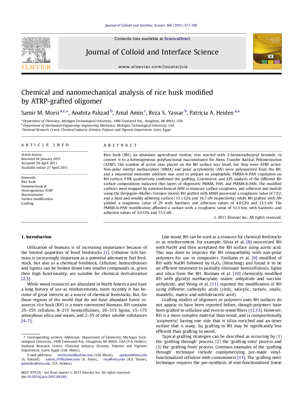 Chemical and nanomechanical analysis of rice husk modified by ATRP-grafted oligomer